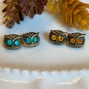 Bronze Owls Two Pair Stud Earrings